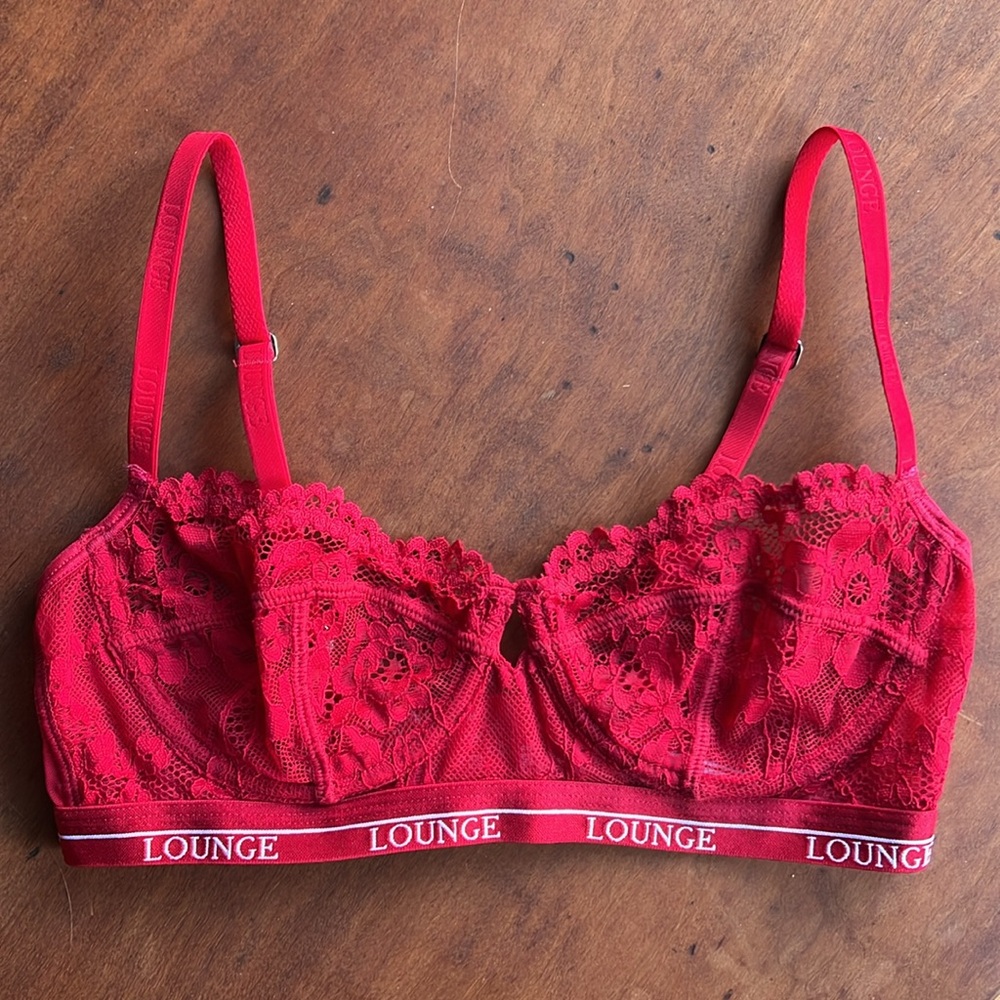 Lounge - Vibrant Red Lace Balconette Bra with Sheer Floral Design - 32D